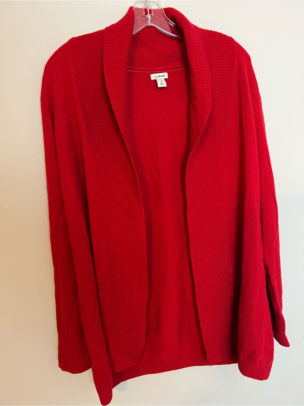 L.L.Bean 100% Cashmere Cardigan Sweater Red L Shawl Collar Open Front Luxury
